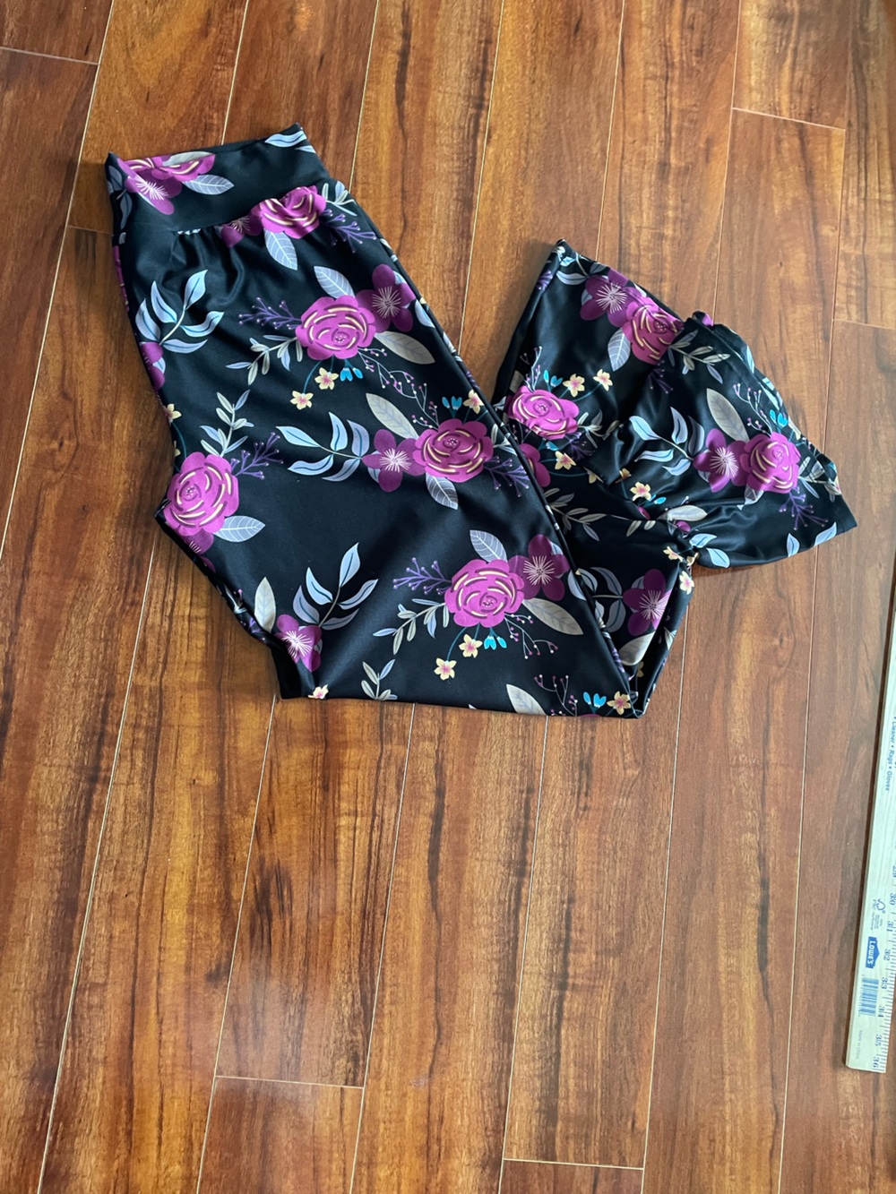 Lolly Wolly Doodle Black Wide Leg Pants with Purple Floral Print